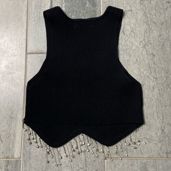 NEW Collection Rhinestone Fringe Trim Ribbed Stretchy Crop Tank Top Black Sz S/M - Picture 4 of 10